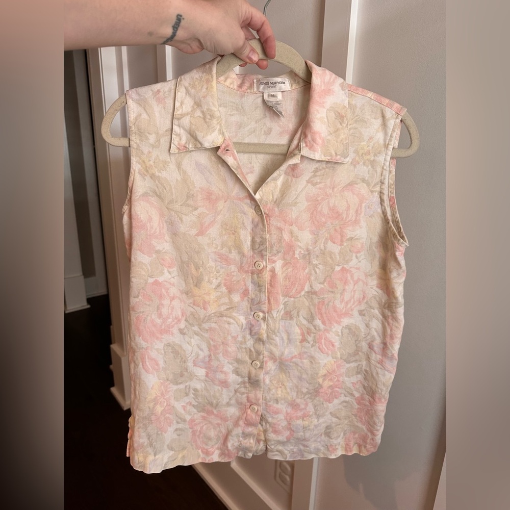 Jones New York Sport Vintage Floral Button Down Sleeveless Blouse M Cotton